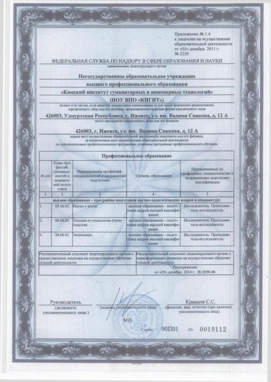 Приложение № 1.4 к лицензии на осуществление образовательной деятельности от 5 декабря 2011 г. № 2250
